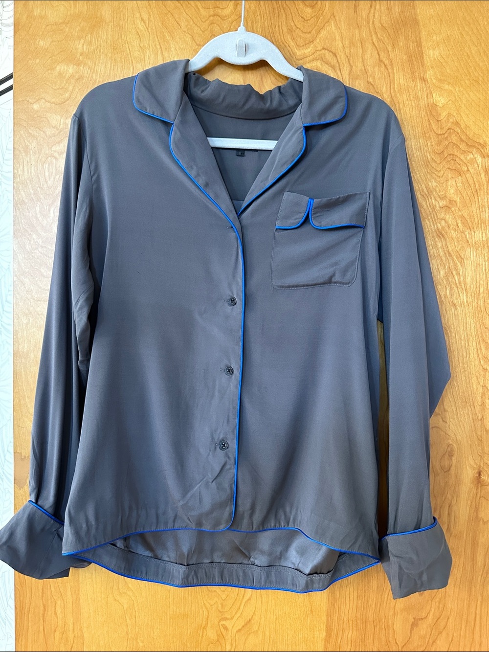 rag & bone Gray Satin-Look Pajama Top with Blue Piping